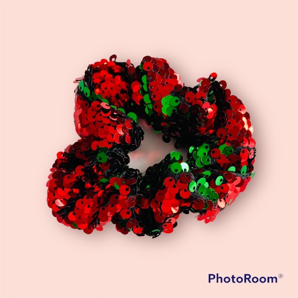 Red And Green Sequined Holiday Hair Scrunchy - Picture 3 of 9